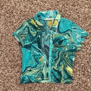 New York & Company Turquoise and Mustard Swirl Button Down Shirt
